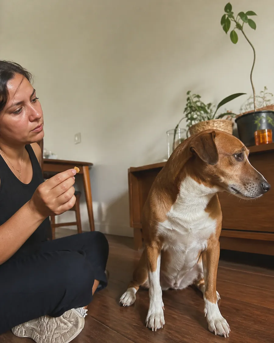 Dueña practicando con su perro dentro de casa